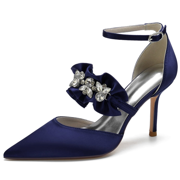 Women's Closed Toe High Heel Buckle Ruffled Party Shoes with Rhinestone