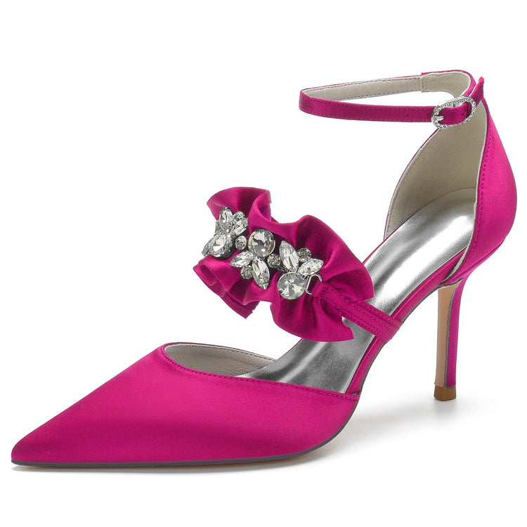 Women's Closed Toe High Heel Buckle Ruffled Party Shoes with Rhinestone