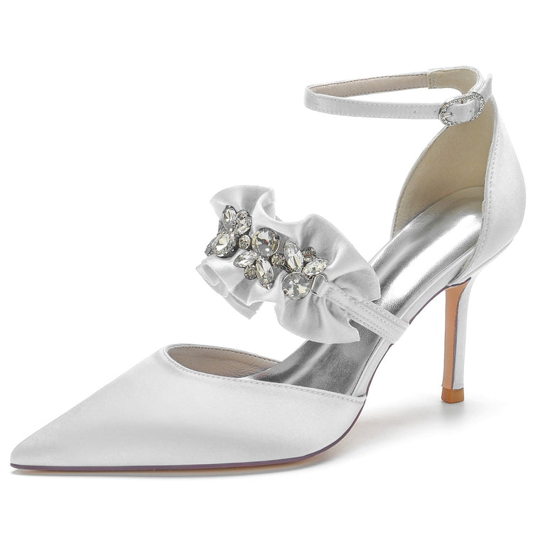 Women's Closed Toe High Heel Buckle Ruffled Party Shoes with Rhinestone