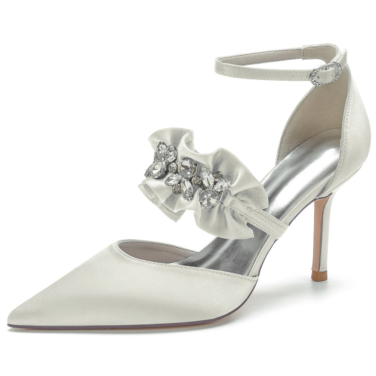 Women's Closed Toe High Heel Buckle Ruffled Party Shoes with Rhinestone