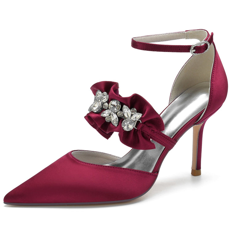Women's Closed Toe High Heel Buckle Ruffled Party Shoes with Rhinestone