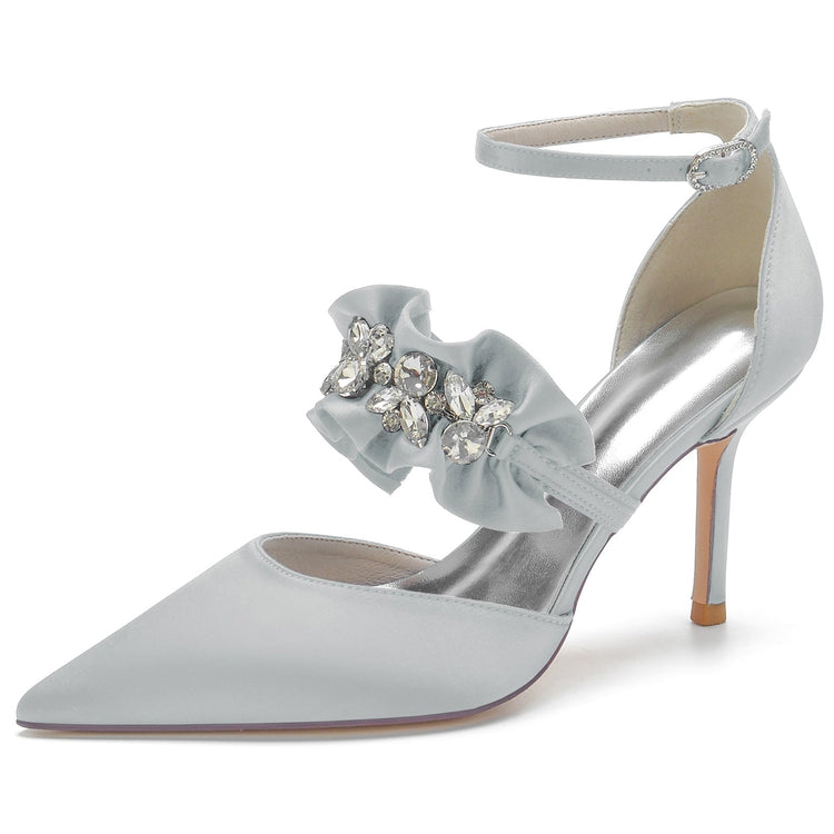 Women's Closed Toe High Heel Buckle Ruffled Party Shoes with Rhinestone