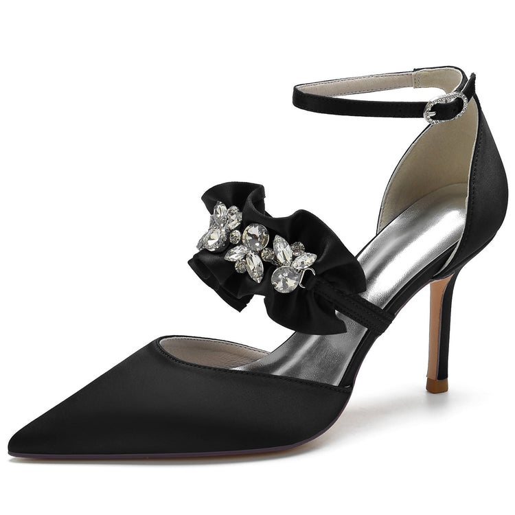 Women's Closed Toe High Heel Buckle Ruffled Party Shoes with Rhinestone