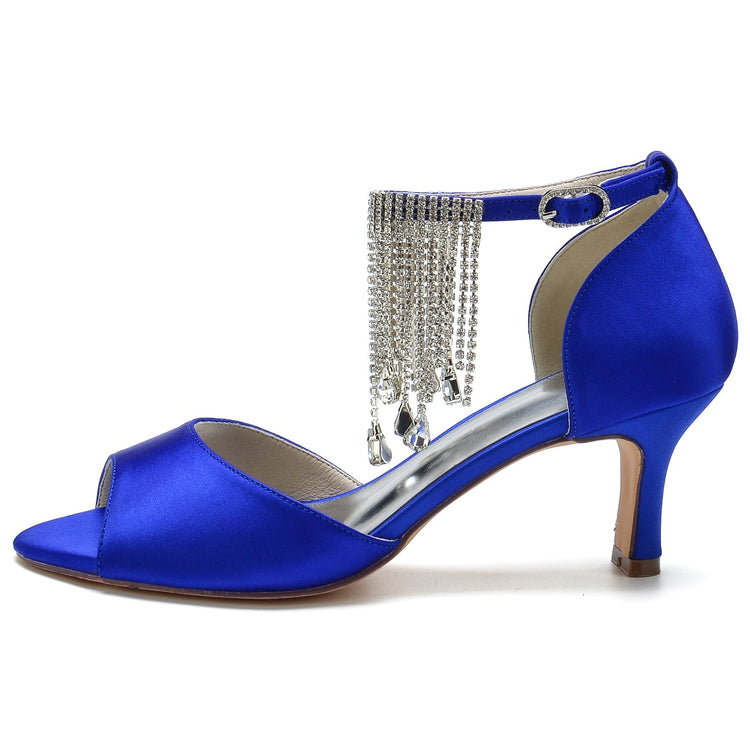 Women's Peep Toe Mid Heel Buckle Party Shoes with Rhinestone Fringe