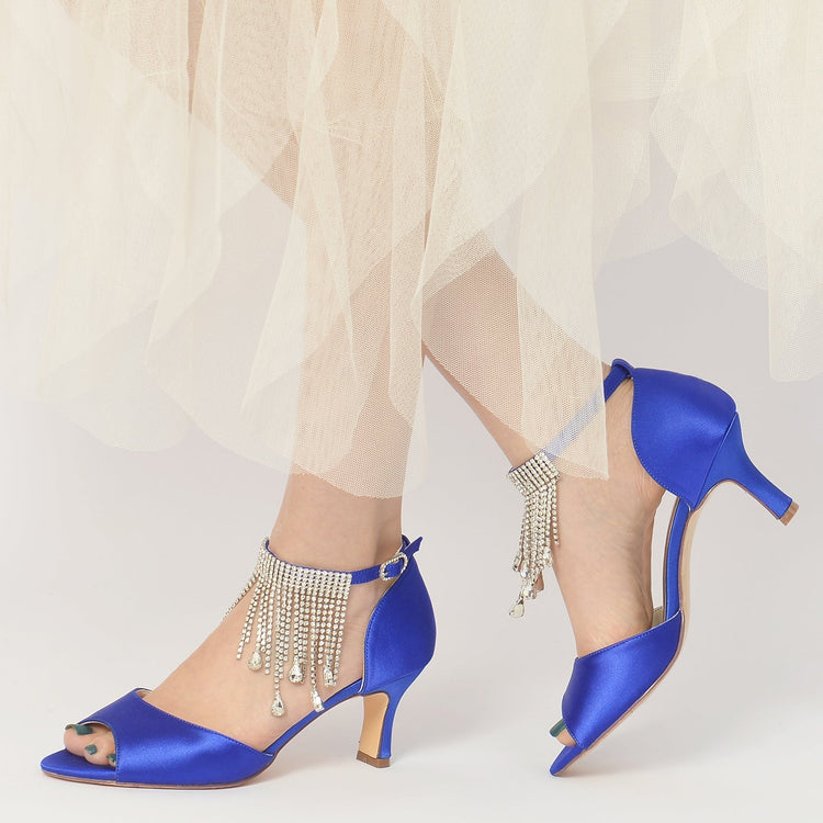Women's Peep Toe Mid Heel Buckle Party Shoes with Rhinestone Fringe