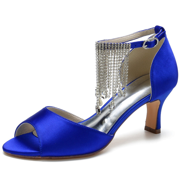 Women's Peep Toe Mid Heel Buckle Party Shoes with Rhinestone Fringe