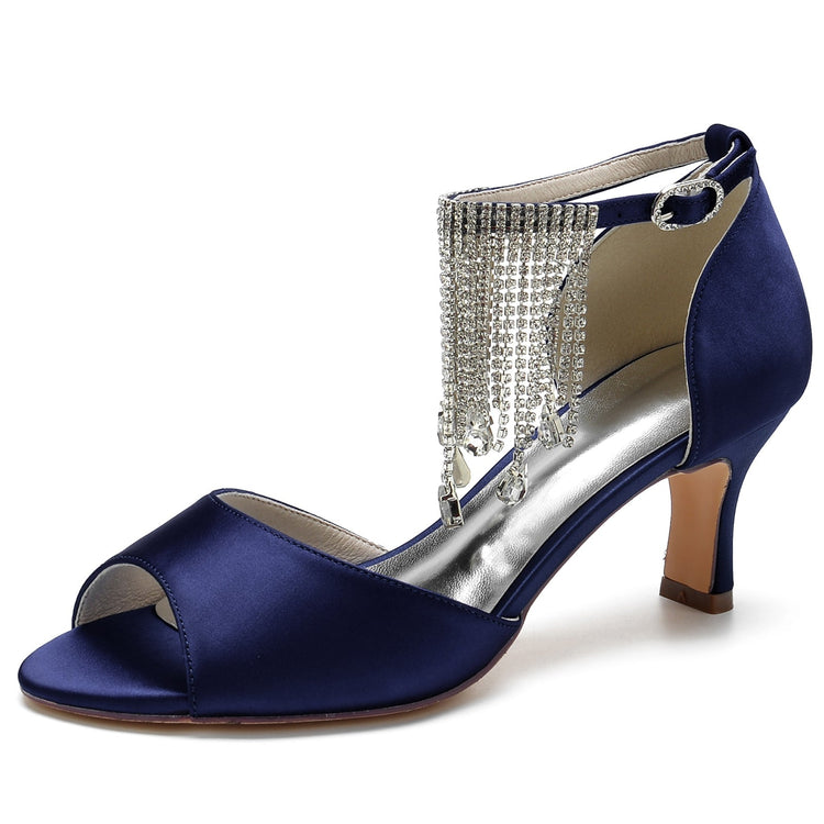 Women's Peep Toe Mid Heel Buckle Party Shoes with Rhinestone Fringe