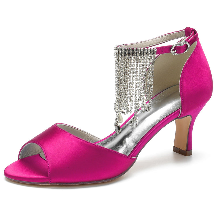 Women's Peep Toe Mid Heel Buckle Party Shoes with Rhinestone Fringe