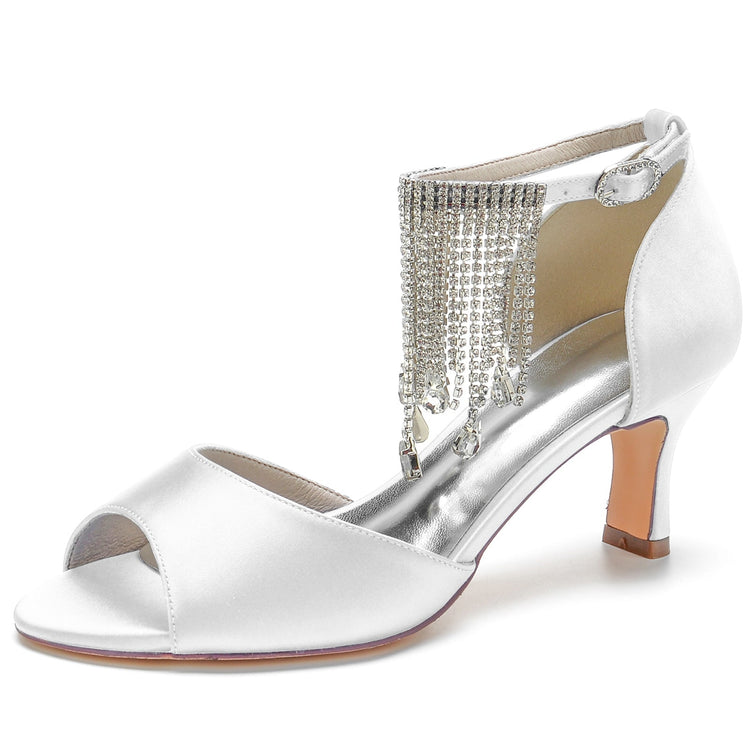 Women's Peep Toe Mid Heel Buckle Party Shoes with Rhinestone Fringe