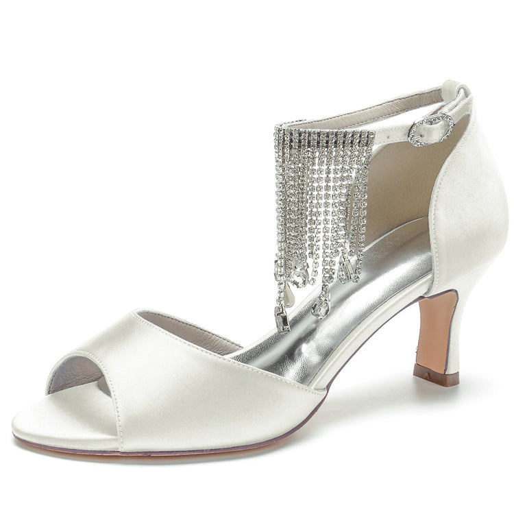 Women's Peep Toe Mid Heel Buckle Party Shoes with Rhinestone Fringe