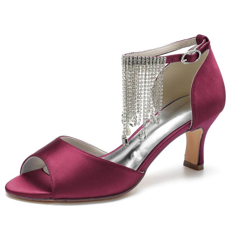 Women's Peep Toe Mid Heel Buckle Party Shoes with Rhinestone Fringe