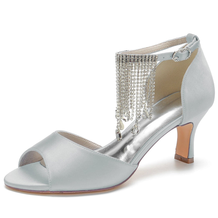 Women's Peep Toe Mid Heel Buckle Party Shoes with Rhinestone Fringe
