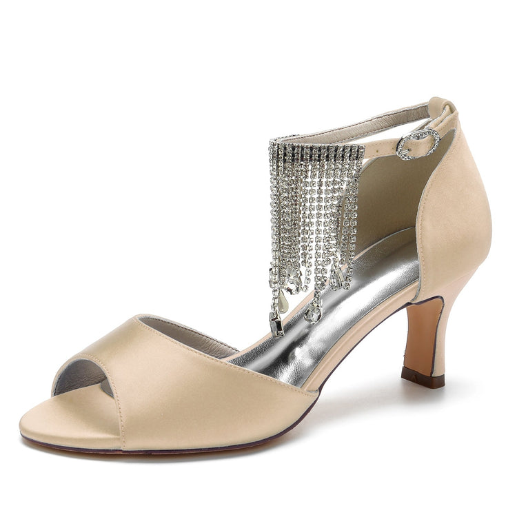 Women's Peep Toe Mid Heel Buckle Party Shoes with Rhinestone Fringe