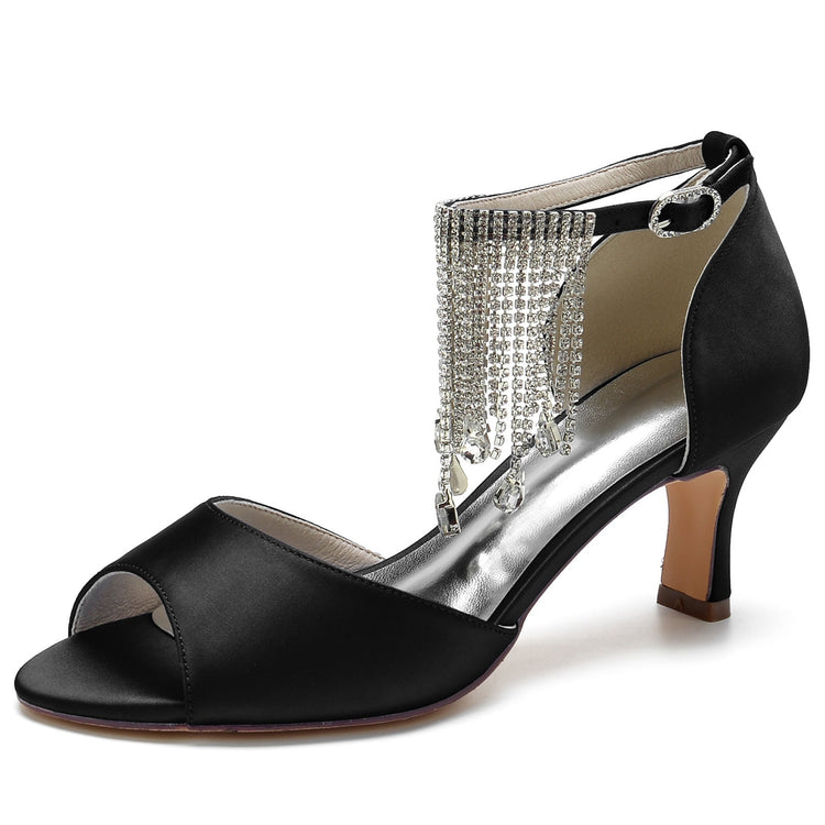 Women's Peep Toe Mid Heel Buckle Party Shoes with Rhinestone Fringe