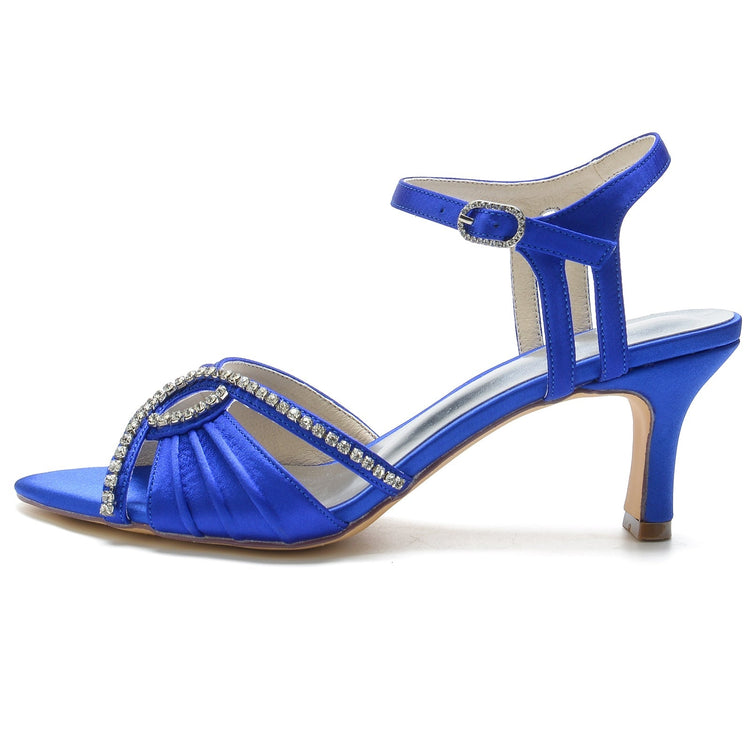 Women's Ruched Peep Toe Kitten Heel Buckle Party Shoes with Rhinestone