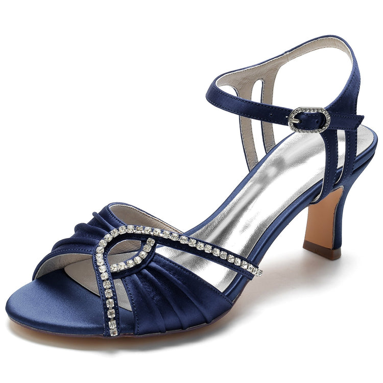 Women's Ruched Peep Toe Kitten Heel Buckle Party Shoes with Rhinestone