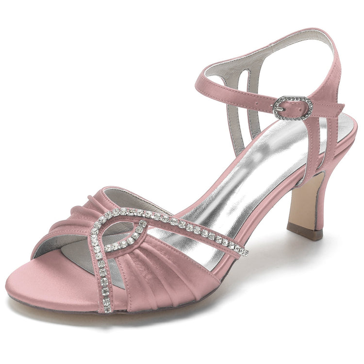 Women's Ruched Peep Toe Kitten Heel Buckle Party Shoes with Rhinestone