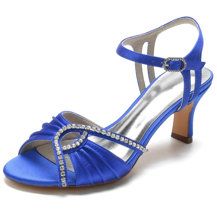 Women's Ruched Peep Toe Kitten Heel Buckle Party Shoes with Rhinestone
