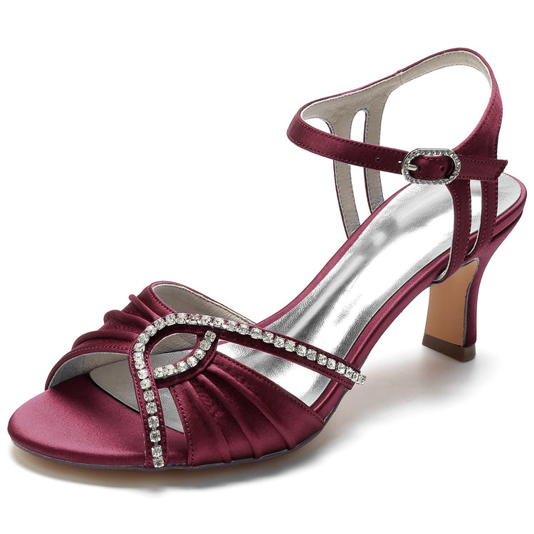 Women's Ruched Peep Toe Kitten Heel Buckle Party Shoes with Rhinestone