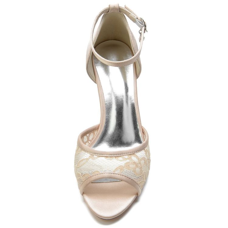 Women's Lace Peep Toe Mid Heel Buckle Wedding Party Shoes
