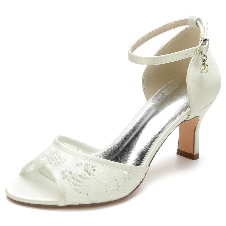 Women's Lace Peep Toe Mid Heel Buckle Wedding Party Shoes