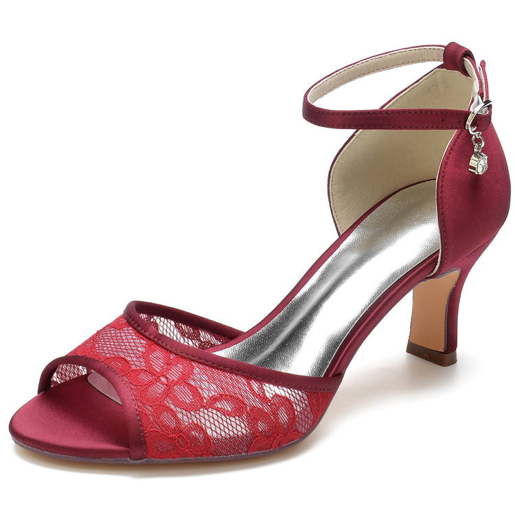 Women's Lace Peep Toe Mid Heel Buckle Wedding Party Shoes
