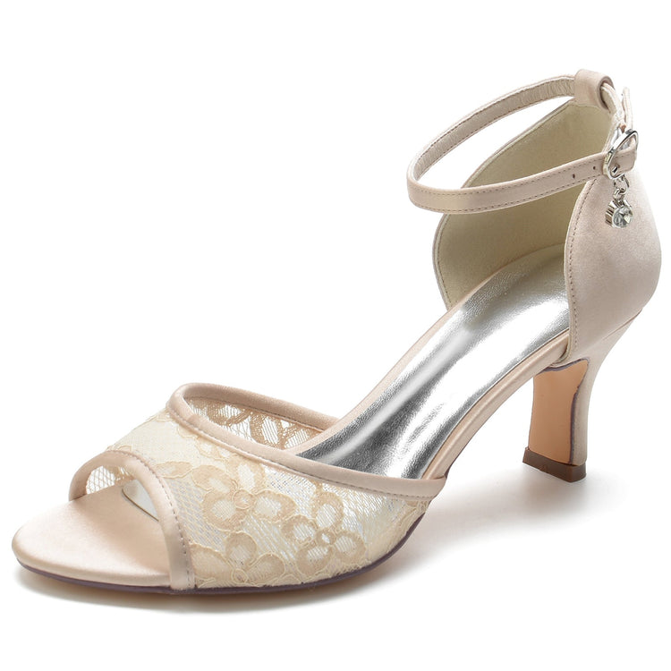 Women's Lace Peep Toe Mid Heel Buckle Wedding Party Shoes
