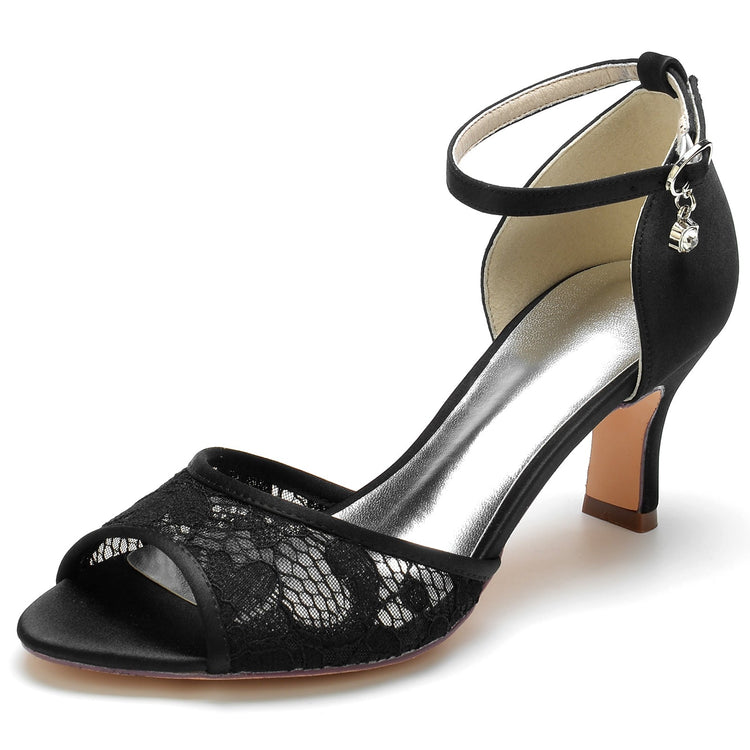 Women's Lace Peep Toe Mid Heel Buckle Wedding Party Shoes