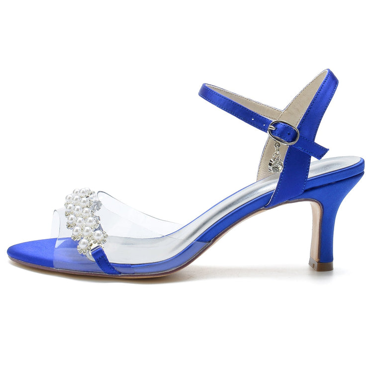 Women's Peep Toe Ankle Strap Mid Heel Wedding Sandals with Pearls