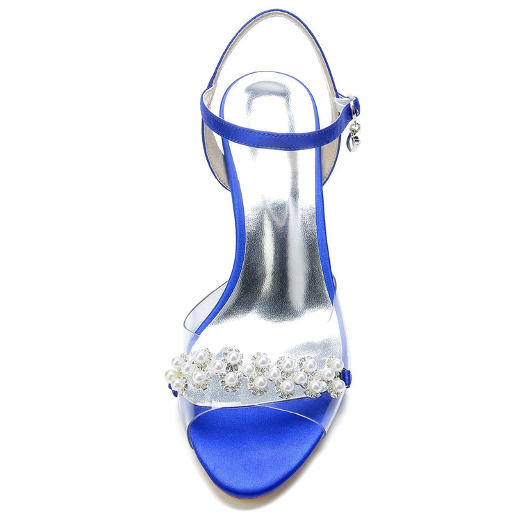 Women's Peep Toe Ankle Strap Mid Heel Wedding Sandals with Pearls