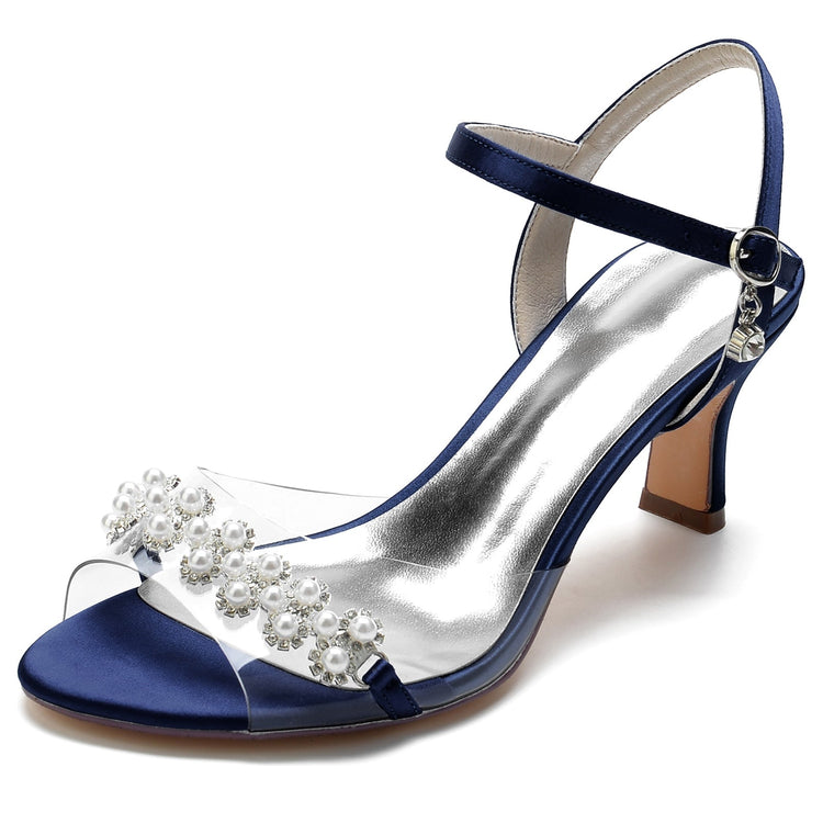 Women's Peep Toe Ankle Strap Mid Heel Wedding Sandals with Pearls