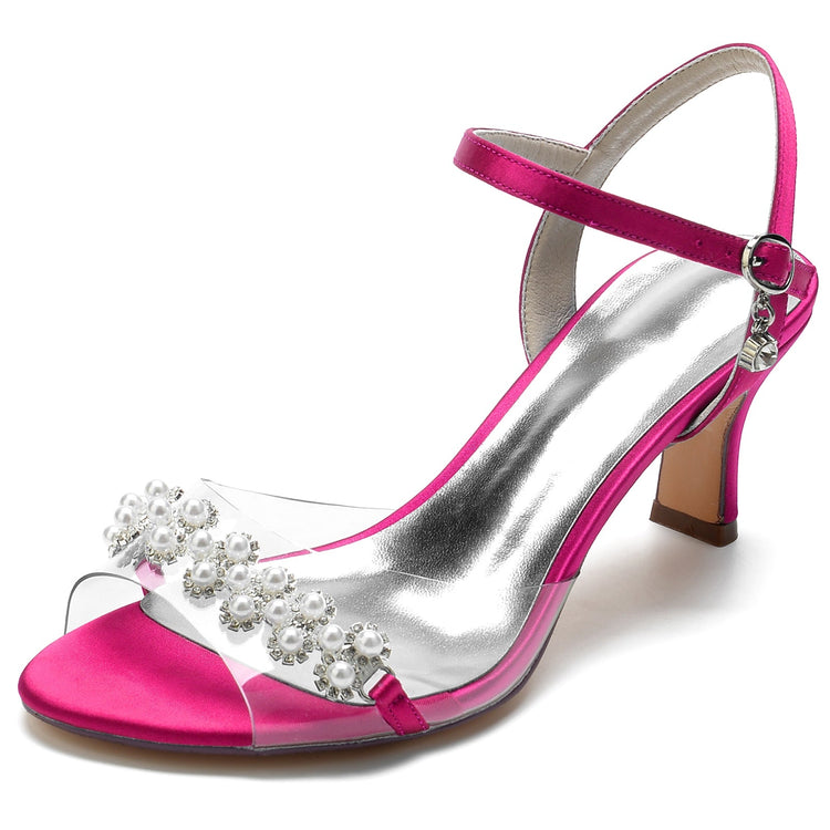 Women's Peep Toe Ankle Strap Mid Heel Wedding Sandals with Pearls