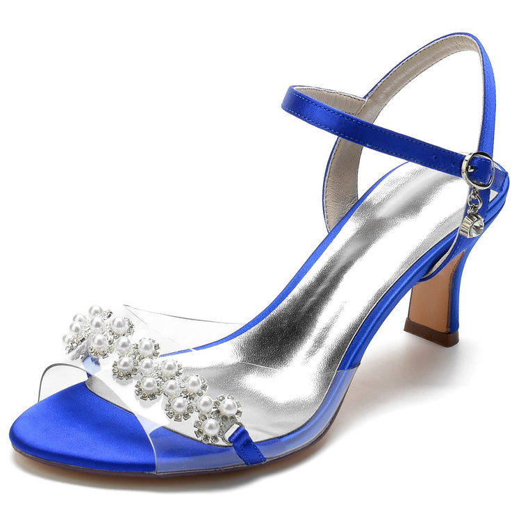 Women's Peep Toe Ankle Strap Mid Heel Wedding Sandals with Pearls