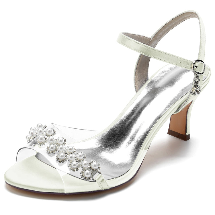 Women's Peep Toe Ankle Strap Mid Heel Wedding Sandals with Pearls