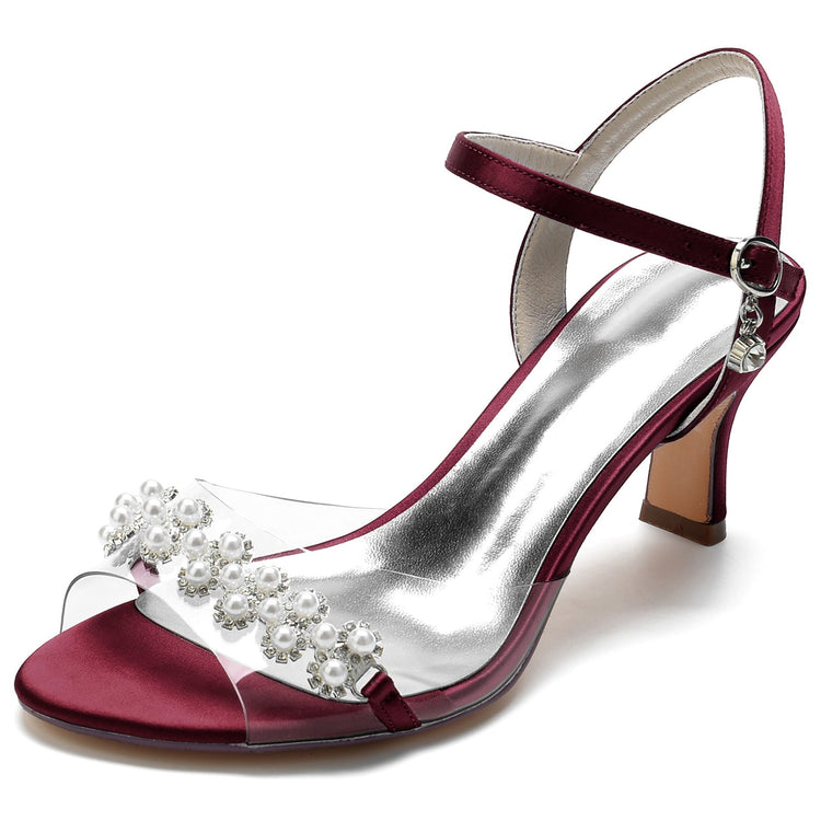 Women's Peep Toe Ankle Strap Mid Heel Wedding Sandals with Pearls