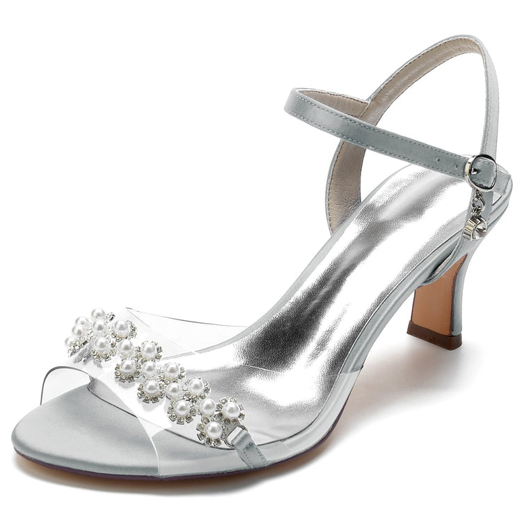 Women's Peep Toe Ankle Strap Mid Heel Wedding Sandals with Pearls