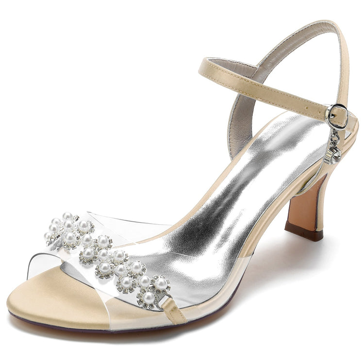 Women's Peep Toe Ankle Strap Mid Heel Wedding Sandals with Pearls
