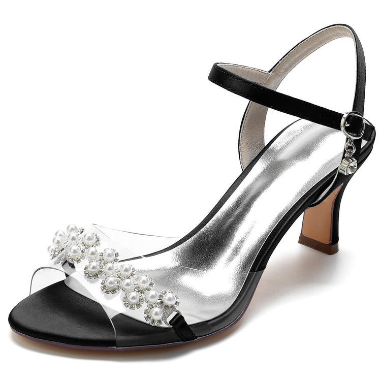 Women's Peep Toe Ankle Strap Mid Heel Wedding Sandals with Pearls