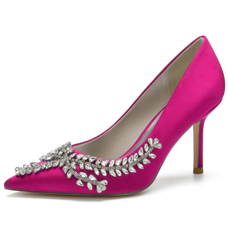 Women's Closed Toe High Heel Elegant Wedding Shoes with Leaf Rhinestones