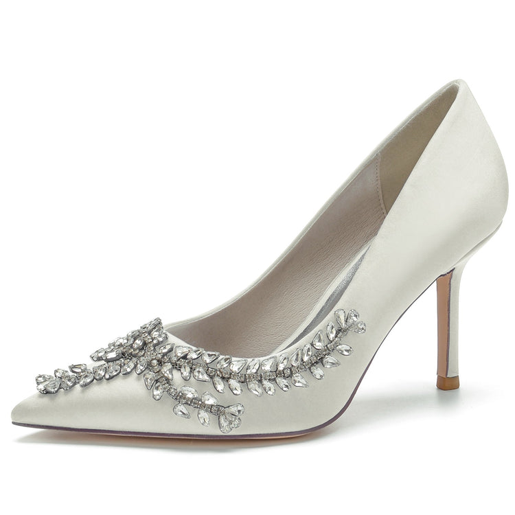Women's Closed Toe High Heel Elegant Wedding Shoes with Leaf Rhinestones