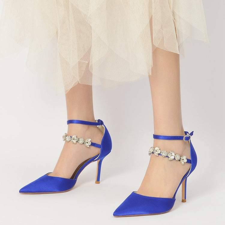 Women's Closed Toes Rhinestone Ankle Straps Wedding Shoes with Flower
