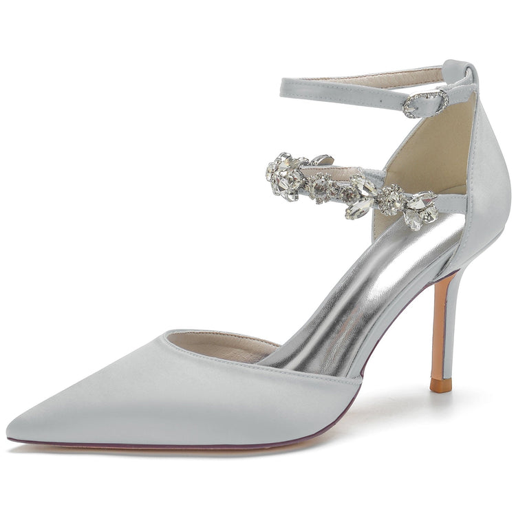 Women's Closed Toes Rhinestone Ankle Straps Wedding Shoes with Flower