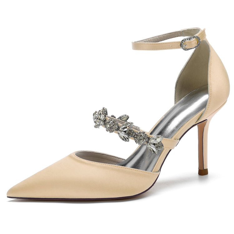 Women's Closed Toes Rhinestone Ankle Straps Wedding Shoes with Flower