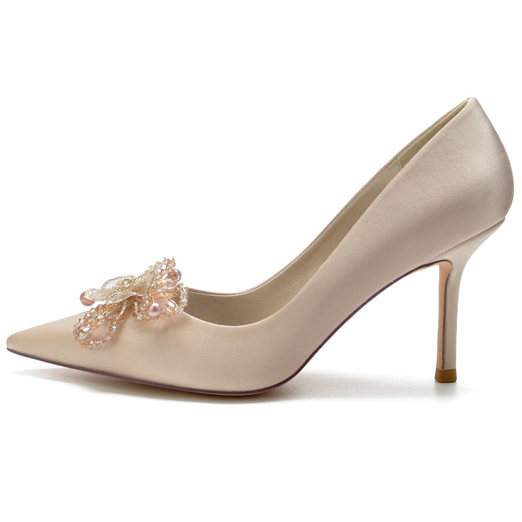 Women's Pointed Toe Stiletto Heel Beaded Wedding Shoes with Flower