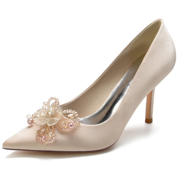 Women's Pointed Toe Stiletto Heel Beaded Wedding Shoes with Flower