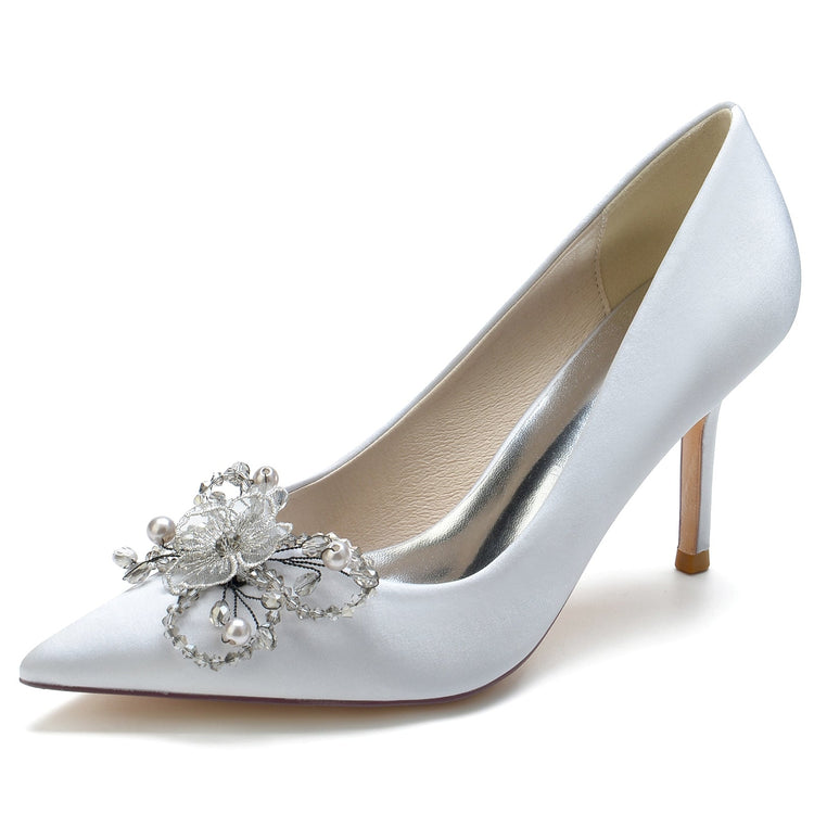Women's Pointed Toe Stiletto Heel Beaded Wedding Shoes with Flower