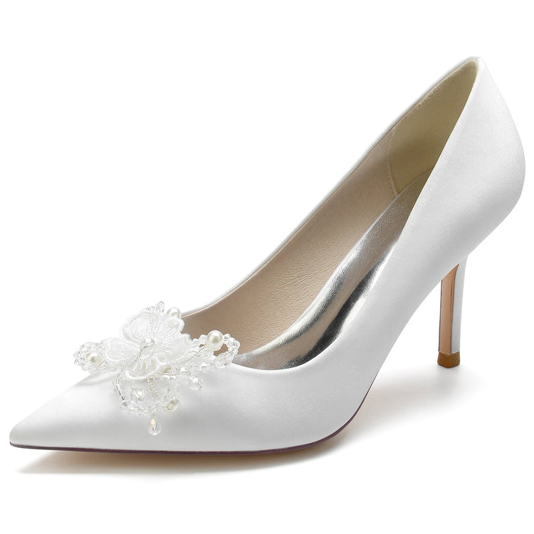 Women's Pointed Toe Stiletto Heel Beaded Wedding Shoes with Flower