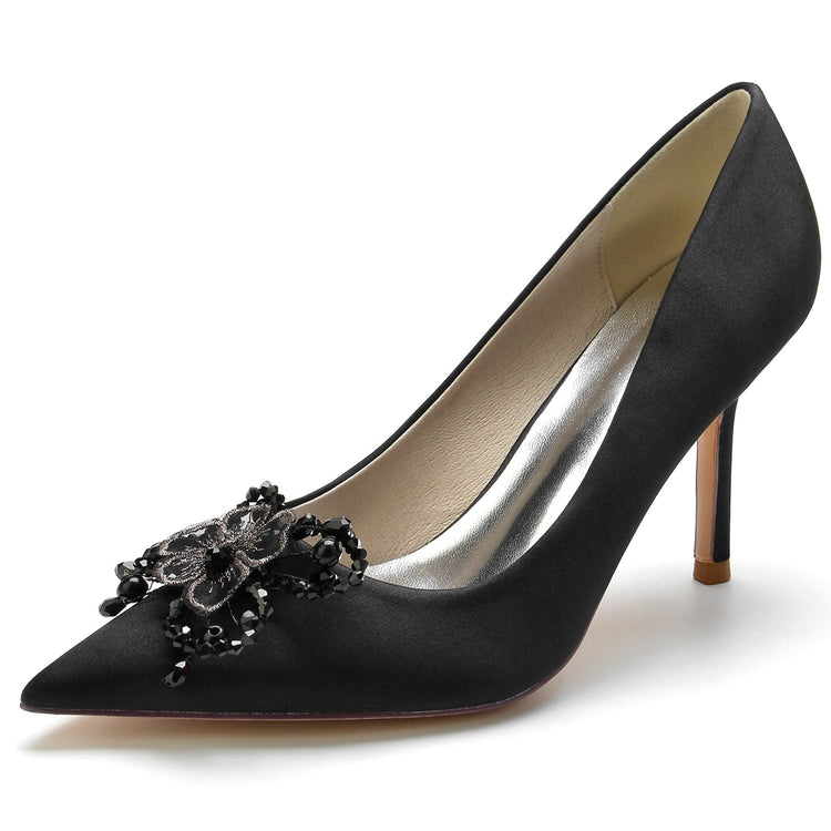 Women's Pointed Toe Stiletto Heel Beaded Wedding Shoes with Flower