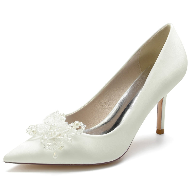 Women's Pointed Toe Stiletto Heel Beaded Wedding Shoes with Flower