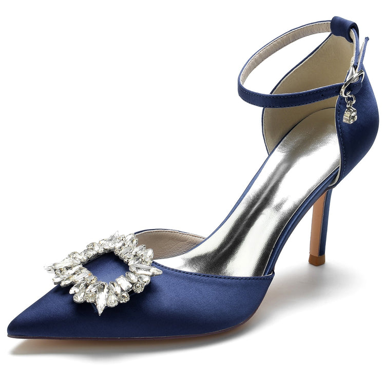 Women's Pointed Toe Ankle Straps Wedding Party Shoes with Square Rhinestones